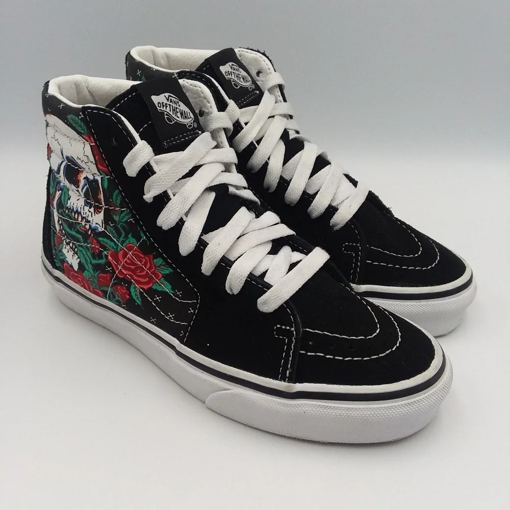 Vans Sk8-Hi Skull Rose Black High Top Sneakers Shoes US Women's 5 / Men's‎ 3.5